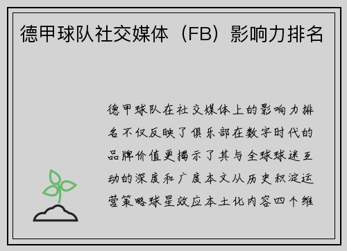 德甲球队社交媒体（FB）影响力排名
