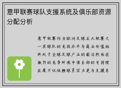 意甲联赛球队支援系统及俱乐部资源分配分析