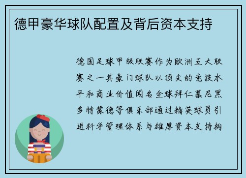 德甲豪华球队配置及背后资本支持
